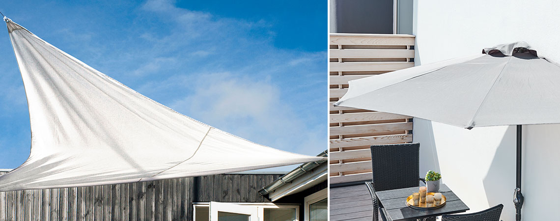 Dos formas diferentes de conseguir un patio o balcón cubierto: con un refugio solar o con una sombrilla
