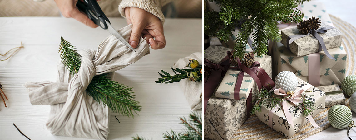 Regalos de Navidad envueltos en tela y papel de regalo reciclado