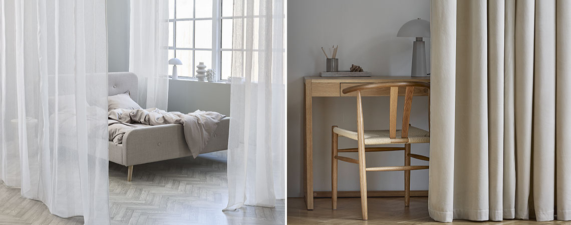 Dos ejemplos de cómo puede utilizar las cortinas separadoras de ambientes: Para un dormitorio y para un despacho en casa