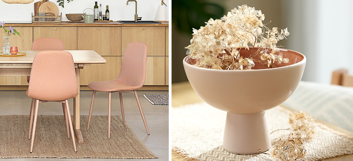 Objetos de decoración para el hogar, como un jarrón y sillas de comedor en el tono melocotón Peach Fuzz