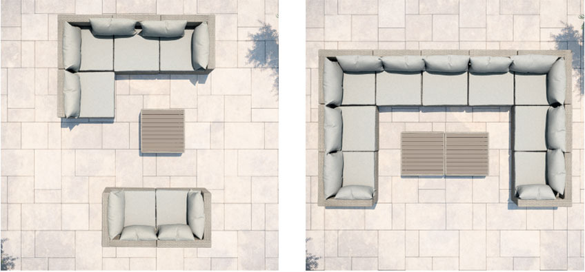 Sofás modulares y mesas de centro de exterior en distintas combinaciones 