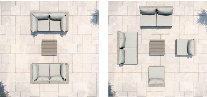 Ideas de combinaciones con módulos de sofás en una terraza pequeña