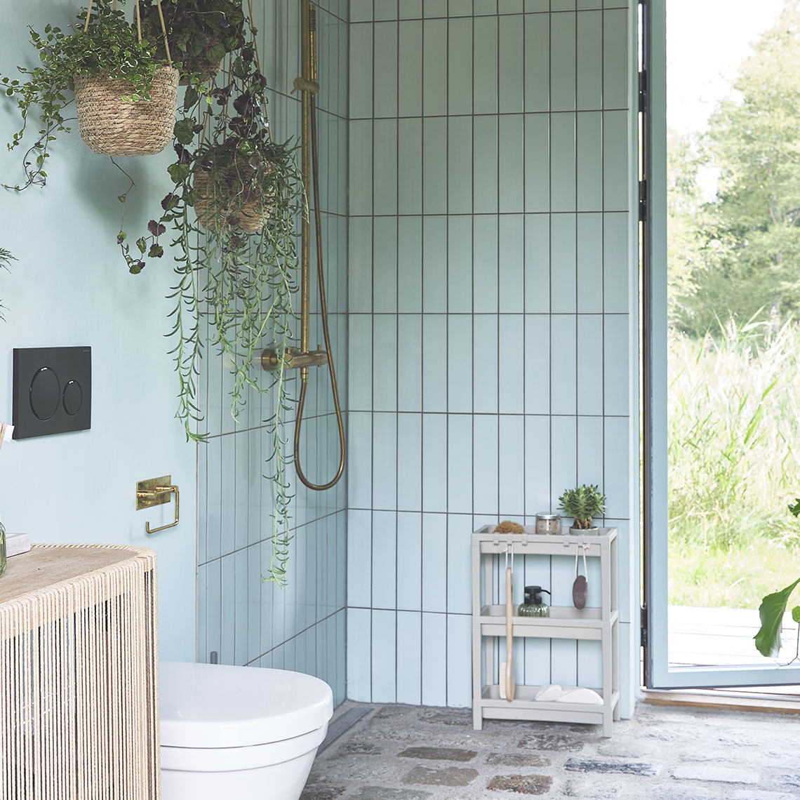 Baño con una zona de ducha, estantería para baño y plantas