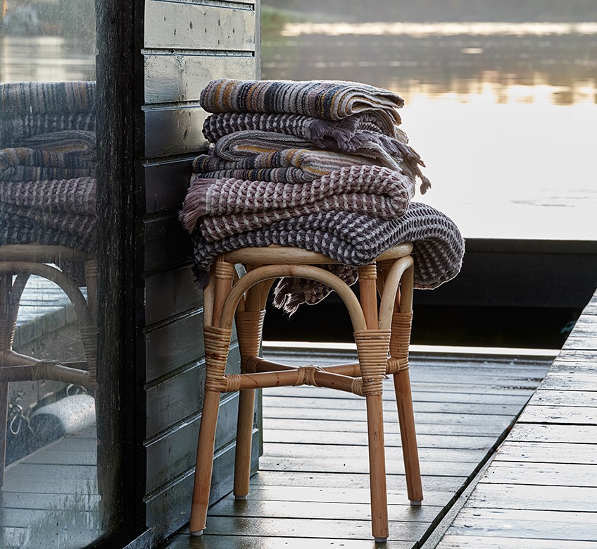 IDRE bath towels and hand towels and SEGERSTA striped towels on JUNGHOLM stool Hand towels, guest towels and striped towels on a stool by a lake