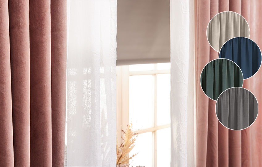 AUSTRA heavy curtain is available in velvet rose, velvet sand, velvet blue, velvet green and velvet grey Window with black out roller blinds, light curtains and heavy curtains and colour samples