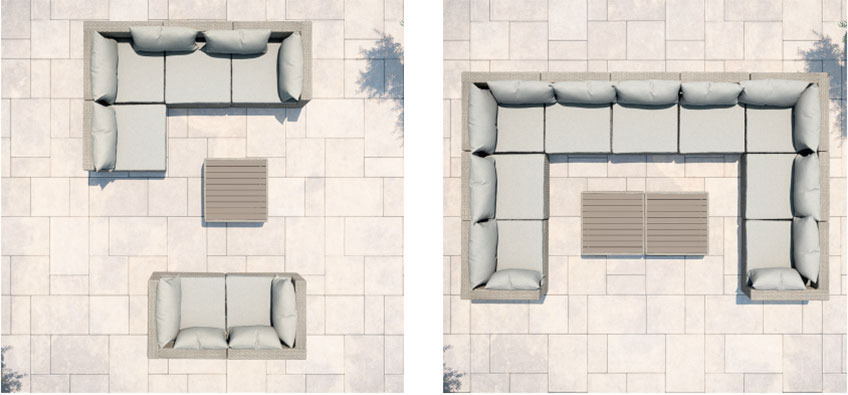Sofás modulares y mesas lounge en diferentes combinaciones