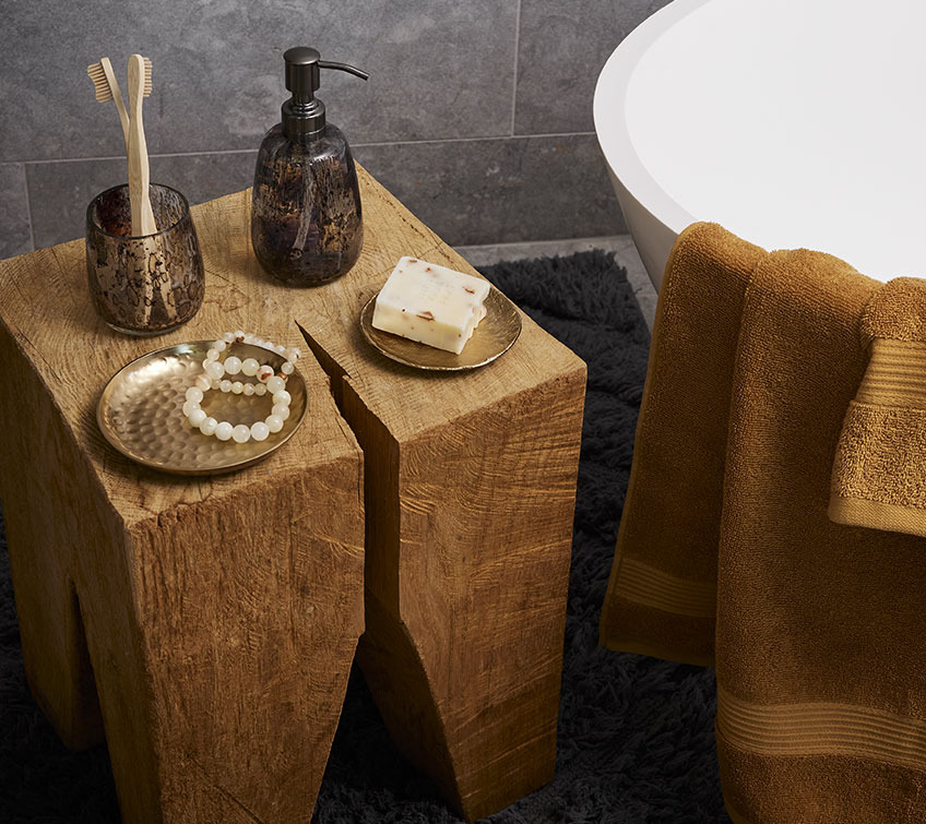 Large block of wood with trays, toothbrush holder and soap dispenser in a bathroom