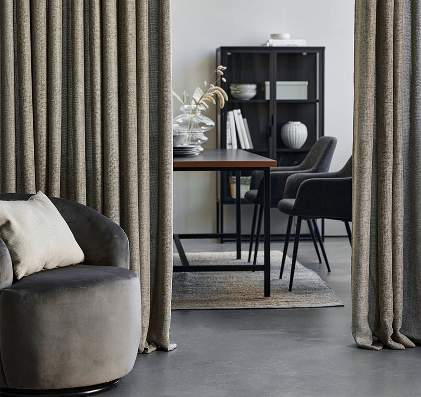 ANHOLT curtain in dusty green Dusty green long curtains in living room used as room divider