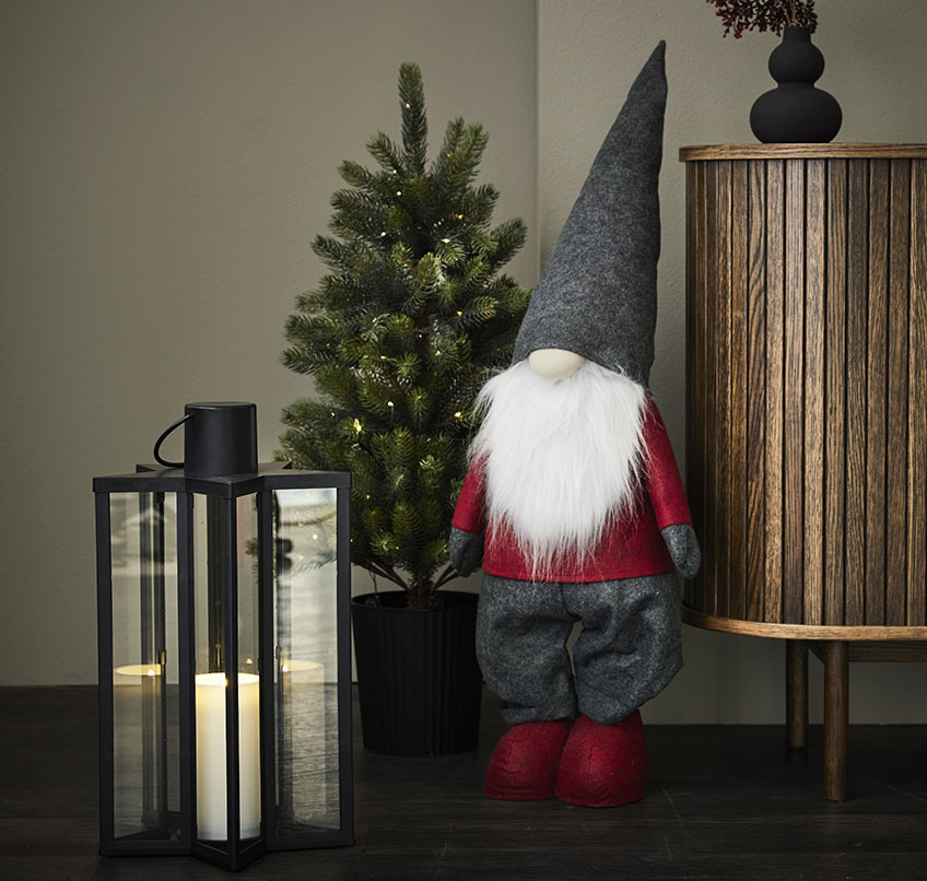 RHODOLIT lantern, BERLINGR artificial Christmas tree and HALM Christmas elf Black lantern, artificial Christmas tree and Christmas elf